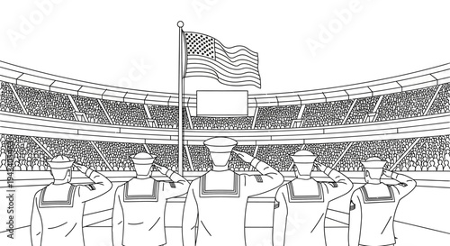 Military personnel salute American flag at stadium event, patriotic celebration