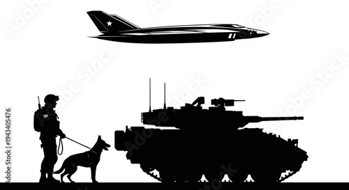Military Power: Soldier, Dog, Tank, and Fighter Jet Silhouette