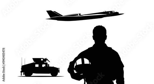 Military Pilot, Jet, and Humvee Silhouette - Air Force, Army, and Aviation Concept