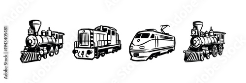 Collection of four different trains from various eras, including vintage steam locomotives and a modern high-speed rail, rendered in a bold black ink hand-drawn sketch style