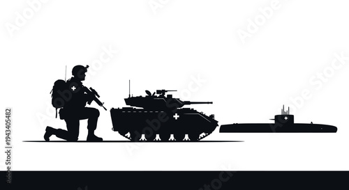 Military Power: Soldier, Tank, Submarine Silhouettes