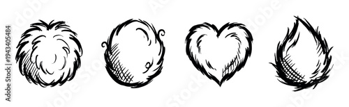 Collection of four black and white sketchy icons with a hand-drawn brush texture, featuring a heart, flame, furry circle, and an abstract swirl design