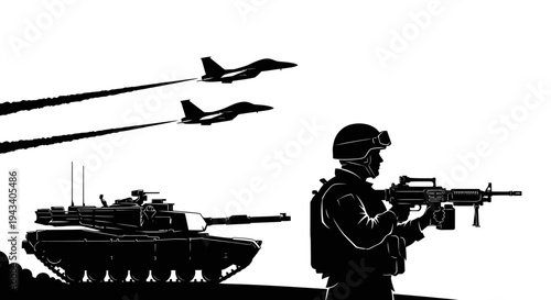 Military Power: Soldier, Tank, and Fighter Jets in Silhouette
