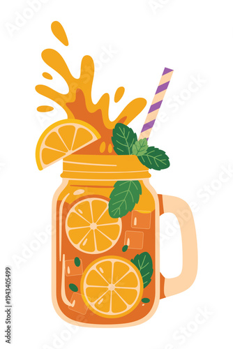 Refreshing orange juice in a mason jar with a straw and mint leaves