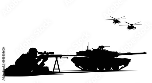 Military Sniper, Tank, and Helicopters Silhouette - Combat Scene