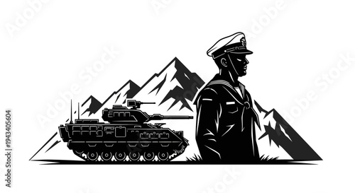 Military Soldier and Tank Silhouette Against Mountain Landscape