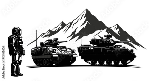 Military Soldier and Armored Vehicles with Mountain Background
