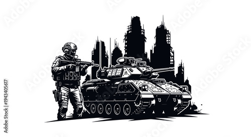 Military Soldier and Armored Tank in Urban Cityscape Silhouette