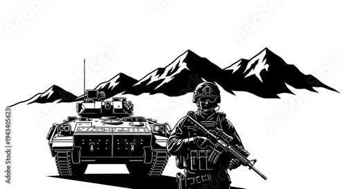 Military Soldier Standing Guard Beside Armored Vehicle in Desert Landscape