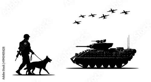 Military Soldier With Dog, Tank, and Fighter Jets Silhouette