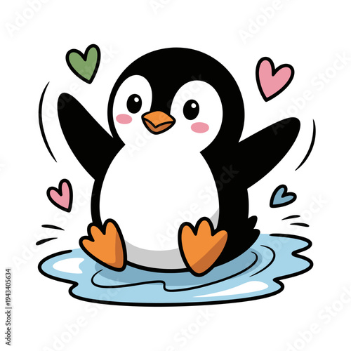 Cute Cartoon Penguin Vector Illustration Sitting on Ice with Pink and Green Hearts, Adorable Animal Character for Kids' Designs, Stickers, and Valentine's Day