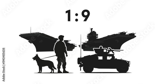 Military Soldier with Dog and Humvee Silhouette Against Bat-Winged Aircraft Carrier