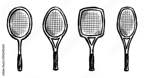 Four hand-drawn tennis rackets in a black ink sketch style, a collection of vintage and modern sporting equipment with different shapes in a monochrome doodle illustration