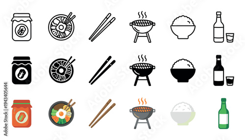 Collection of Korean food icons showing bibimbap, kimchi, barbecue, rice, and soju in three different vector styles: line art, solid glyph, and full color illustration