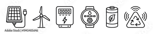 Set of minimalist outline icons for green technology concepts, featuring a solar panel, wind turbine, electric charger, eco battery, smartwatch, and recycling sign