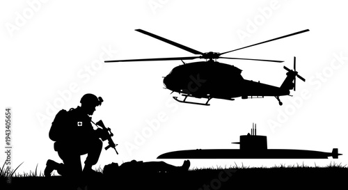 Military Soldier, Helicopter, and Submarine Silhouette - Combat and Defense Concept