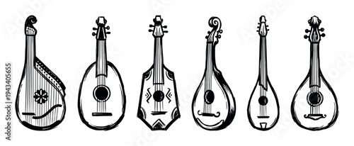 Collection of traditional folk string instruments hand-drawn in a black ink sketch style, showcasing various designs of lutes, mandolins, and a bandura for cultural music concepts