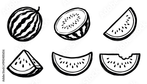 Set of six black ink watermelon illustrations showing a whole fruit, half, wedge, and various slices in a hand-drawn brush stroke style for a graphic design element