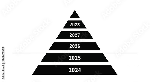 Pyramid chart timeline infographic with years 2024 to 2028 black and white data visualization for business presentation and report