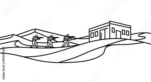 Military soldiers advancing towards a building in a desert landscape, line art illustration