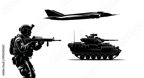 Military Soldier, Jet Fighter, and Tank Silhouette on White Background