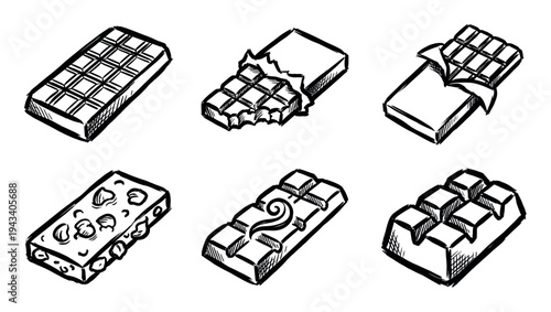 Set of six hand-drawn chocolate bars in a black and white doodle style, featuring whole, bitten, unwrapped, and nut-filled candy illustrations for a confectionery concept