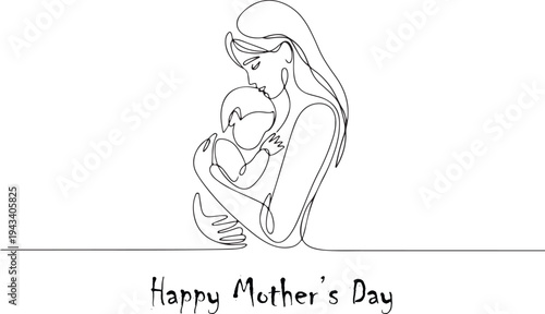 Mother kissing baby in continuous line art with Happy Mothers Day text