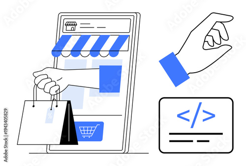 Online shopping, mobile apps, coding, e-commerce solutions, digital marketing, user interface design. Mobile device display with shopping icons, hand with a bag and coding tag. Online shopping