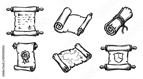 Set of six hand-drawn ancient parchment scrolls in a black ink sketch style, featuring a treasure map, a sealed decree, a tied manuscript, and a royal crest