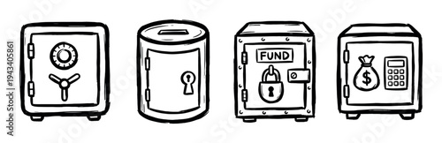 Four black and white hand-drawn safe icons representing financial security, savings, and wealth protection in a simple doodle sketch style illustration set