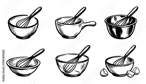 Set of six hand-drawn bowls with whisks inside, depicted in a black and white sketch style for cooking and baking concepts, including one with cracked eggshells