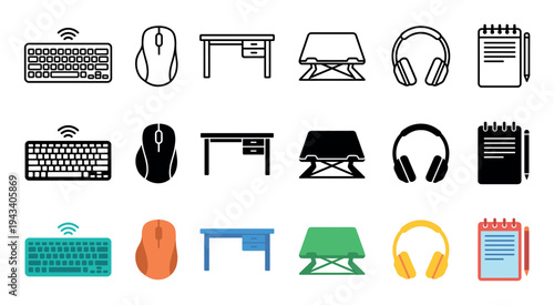 Set of office equipment icons featuring a keyboard, mouse, desk, and headphones, presented in three distinct styles including line art, solid glyph, and modern flat color