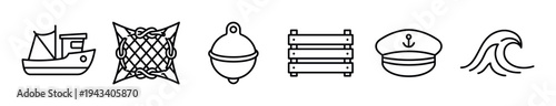 Set of six nautical themed line icons featuring a fishing boat, net, buoy, wooden crate, captain's hat, and a sea wave in a simple black and white outline style
