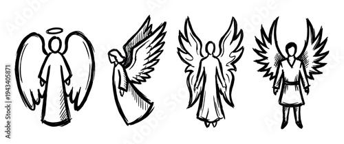 Set of four hand drawn angel icons in a rough black ink sketch style with wings and halo, representing spirituality, religion, and faith in a grunge artistic design