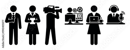Set of black media production icons showing a journalist, reporter, cameraman, video editor, writer, and podcaster in a simple pictogram style for communication concepts