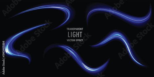 Blue light lines effect of speed motion trails abstract streaks of fast flash movement blurred neon glow at night vector realistic set isolated on transparent background