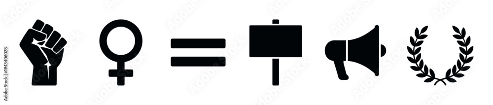 Obraz premium Set of black social justice icons representing protest, feminism, and equality, featuring a raised fist, female symbol, placard, megaphone, and laurel wreath in a minimalist style
