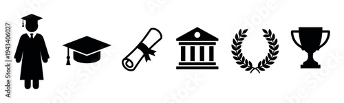 Set of black graduation icons including a graduate, mortarboard cap, diploma scroll, university building, laurel wreath, and trophy cup in a simple graphic style