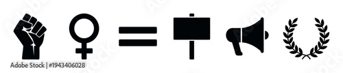 Set of black social justice icons representing protest, feminism, and equality, featuring a raised fist, female symbol, placard, megaphone, and laurel wreath in a minimalist style