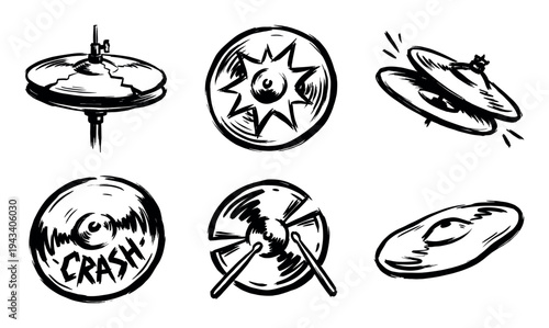 Set of six hand-drawn cymbal illustrations in a black ink brushstroke style showing different percussion instruments for a drum kit, including hi-hats and a crash cymbal