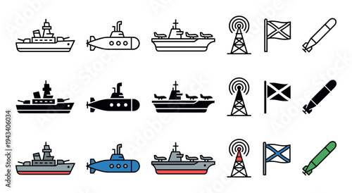 Collection of military naval icons showing a warship, submarine, aircraft carrier, radio tower, flag, and torpedo in three styles: line art, solid glyph, and color