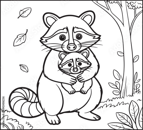 Mother and baby raccoon in forest outline illustration Keywords: mother raccoon, baby raccoon