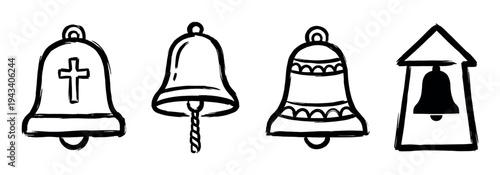 Set of four hand-drawn church bells in a rough brush stroke style, including a religious bell with a cross symbol and a belfry icon for spiritual and holiday concepts