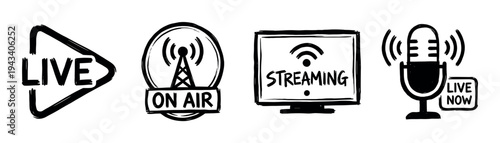 Set of four hand-drawn live streaming icons including a play button, on air tower, monitor, and microphone, rendered in a black brush stroke sketch style for broadcasting