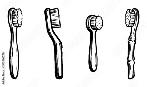 Four different black and white toothbrush illustrations in a hand-drawn sketch style showing various designs for oral hygiene and dental care concepts