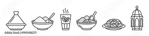 Collection of traditional Middle Eastern food icons including a tagine, couscous, mint tea, spices, dates, and an ornate lantern in a simple black and white line art style