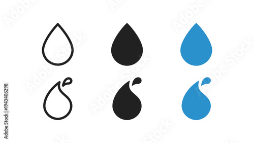 Water Droplet Icons in Black and Blue on White Background