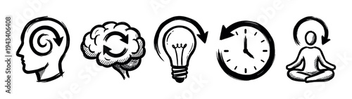 Set of hand-drawn mental health icons including a brain, lightbulb, clock, and meditating person, all rendered in a simple black ink sketch style