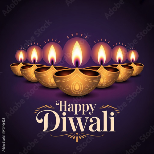 Happy diwali greeting card with beautiful glowing oil lamps on a dark purple background illustration