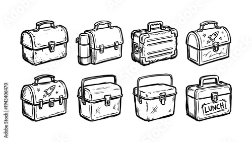 Collection of hand-drawn lunch boxes in a black and white sketch style, featuring various retro and modern designs with handles and latches for school or work meals